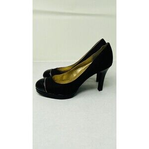 Tahari Heels Women Size 7.5 Black Patent Toe Gold Piping Platform